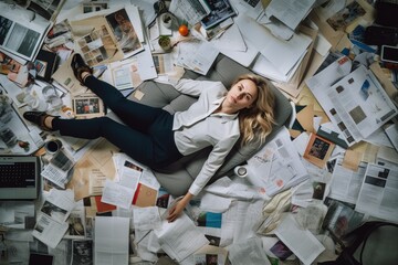 A top view of a young Scandinavian businesswoman lying on the floor that is full of papers and documents in an office scene. Generative AI image AIG30. - obrazy, fototapety, plakaty