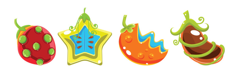 Colorful Fantasy Juicy Fruit with Stem Vector Set