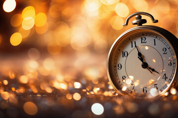 Fototapeta na wymiar Vintage alarm clock on bokeh lights background. New Year.