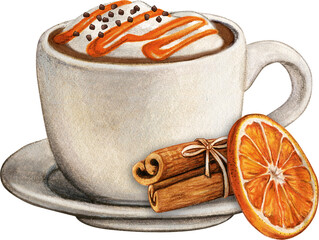 Watercolor hand drawn hot flavoured coffee