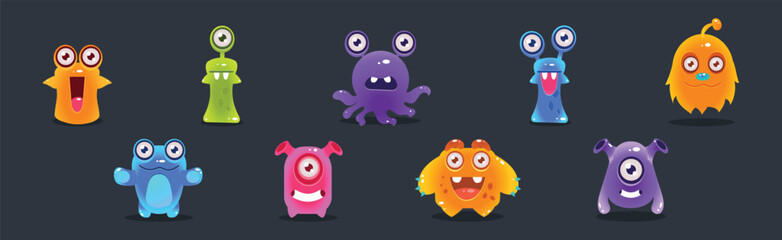 Cute Colorful Jelly Monster and Funny Aliens Vector Set