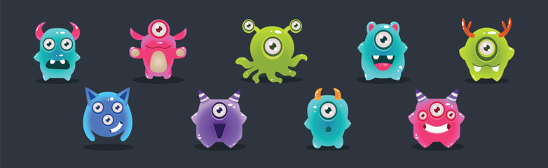 Cute Colorful Jelly Monster and Funny Aliens Vector Set
