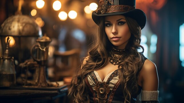 Portrait of a beautiful woman and steampunk environment, wallpaper format.
