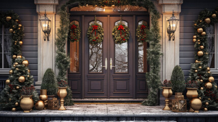 Of a classic wooden front door with Christmas decorations. - obrazy, fototapety, plakaty