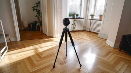 Un trépied avec une caméra professionnelle 360 pour une visite virtuelle en immobilier placé au centre de la pièce.  - obrazy, fototapety, plakaty