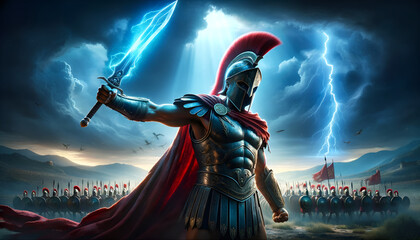 Ancient Spartan warrior in a Greek armor, standing boldly with a sword and a large shield. Helm with a striking red plume. mystical blue lighting along the sword. Army in formation. Epic battle scene - obrazy, fototapety, plakaty