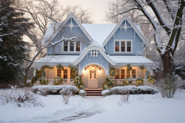 Naklejka premium Beautiful old house in winter with snow covered trees and shrubs.