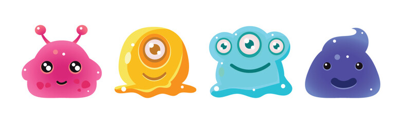 Cute Colorful Jelly Monster and Funny Aliens Vector Set - obrazy, fototapety, plakaty