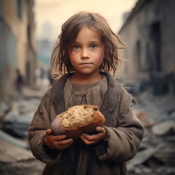 Poor little girl giving a piece of bread.