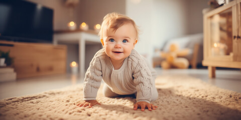Cute baby in knitted clothes playing at home.