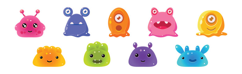 Cute Colorful Jelly Monster and Funny Aliens Vector Set