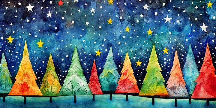Colorful Christmas trees, watercolor card for children. Stars in the night sky. Cold seasonal greetings.