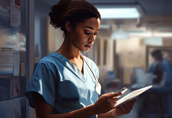 Portrait of a nurse at the hospital corridor (AI generated) - obrazy, fototapety, plakaty