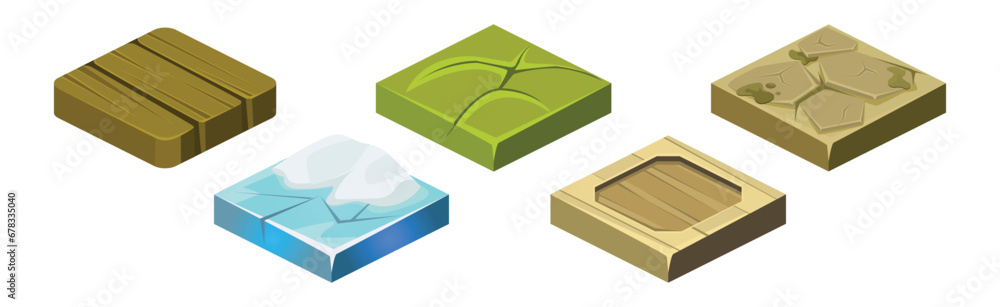 Poster ground textures game surface and platform square isometric vector template set