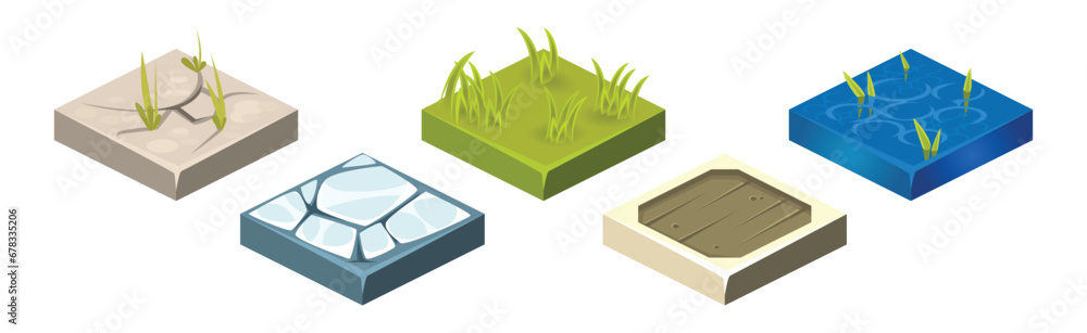 Poster ground textures game surface and platform square isometric vector template set