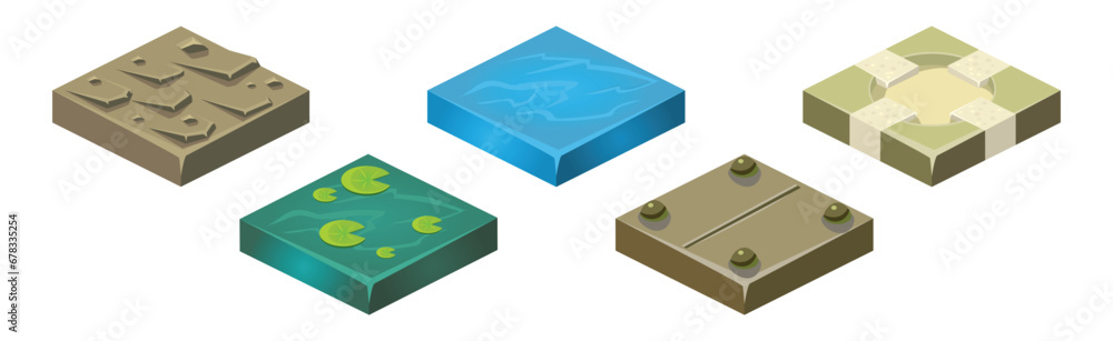 Poster ground textures game surface and platform square isometric vector template set