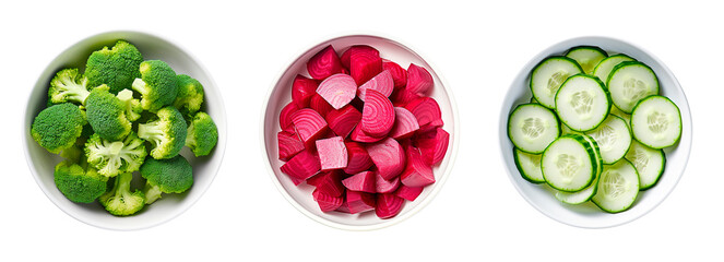 Top view of bowls full of cut broccoli, beetroot and cucumber over isolated transparent background