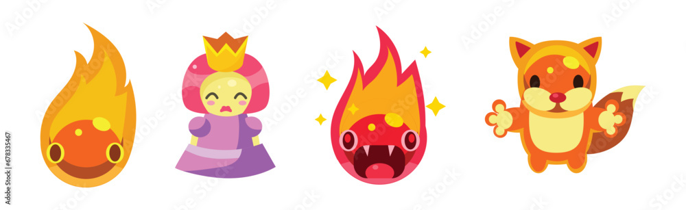 Poster flat assets for mobile game with funny creatures vector set