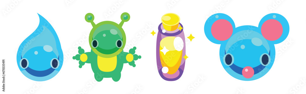 Poster flat assets for mobile game with funny creatures vector set