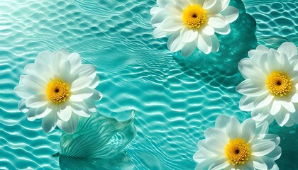 Fototapeta na wymiar Water background. aquamarine texture, surface of ripples, transparent, flower, shadows and sunlight. Spa and cosmetic concept, water texture with tropic flowers top view. Pool water surface background