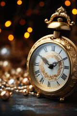 Vintage alarm clock on bokeh background. New Year concept.