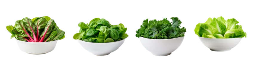 Poster Set of four bowls full of chard, spinach, kale and lettuce on isolated transparent background © Pajaros Volando