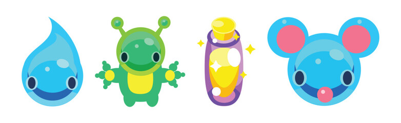 Flat Assets for Mobile Game with Funny Creatures Vector Set