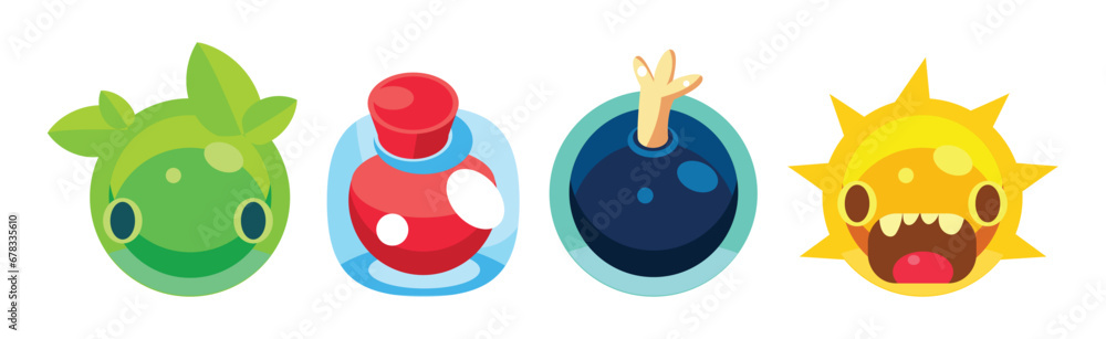 Aufkleber flat assets for mobile game with funny creatures vector set