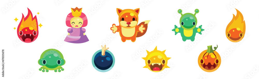 Poster flat assets for mobile game with funny creatures vector set