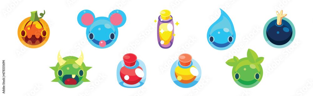 Poster flat assets for mobile game with funny creatures vector set