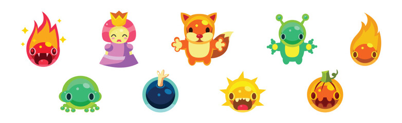 Flat Assets for Mobile Game with Funny Creatures Vector Set