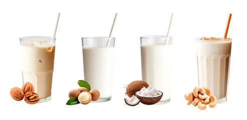 Set of four different plant-based milk made of walnut, macadamia nuts, coconuts and cashews on isolated transparent background