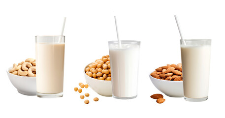 Vegetables milks made of cashews, soy beans and almonds on white transparent background