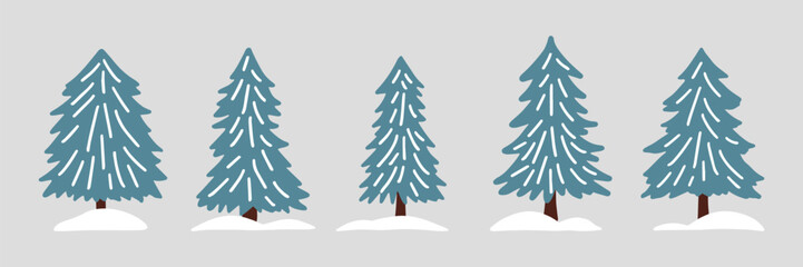 Obraz premium Winter fir tree set in Scandinavian simple retro style. Vintage hand drawn cartoon clipart for Christmas decoration, card, poster, flyer, print and pattern. Vector illustration.