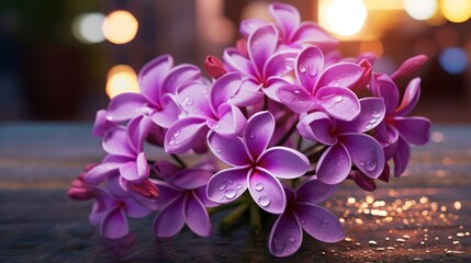 Beautiful Purple Frangipani or Plumeria flowers. Springtime Concept. Valentine's Day Concept with a...