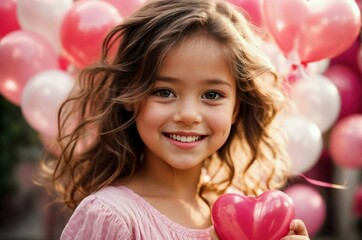 Obraz na płótnie Canvas Portrait of cute happy little girl smiling with pink and white blank balloons, celebration concept background 