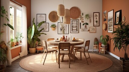 Interior design inspiration of Bohemian Eclectic style home dining room loveliness decorated with Wood and Wicker material and Gallery Wall .Generative AI home interior design .