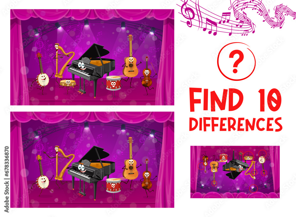 Wall mural Find ten differences, cartoon musical instruments characters, vector puzzle worksheet. Funny piano, guitar and orchestra harp with violin and drum at stage on kids quiz game to find ten differences