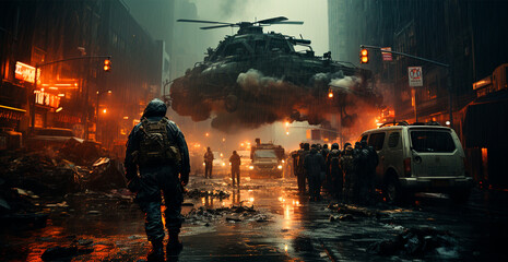 Military operation, evacuation from a burning city - AI generated image - obrazy, fototapety, plakaty