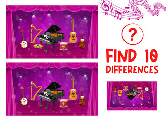 Find ten differences, cartoon musical instruments characters, vector puzzle worksheet. Funny piano, guitar and orchestra harp with violin and drum at stage on kids quiz game to find ten differences