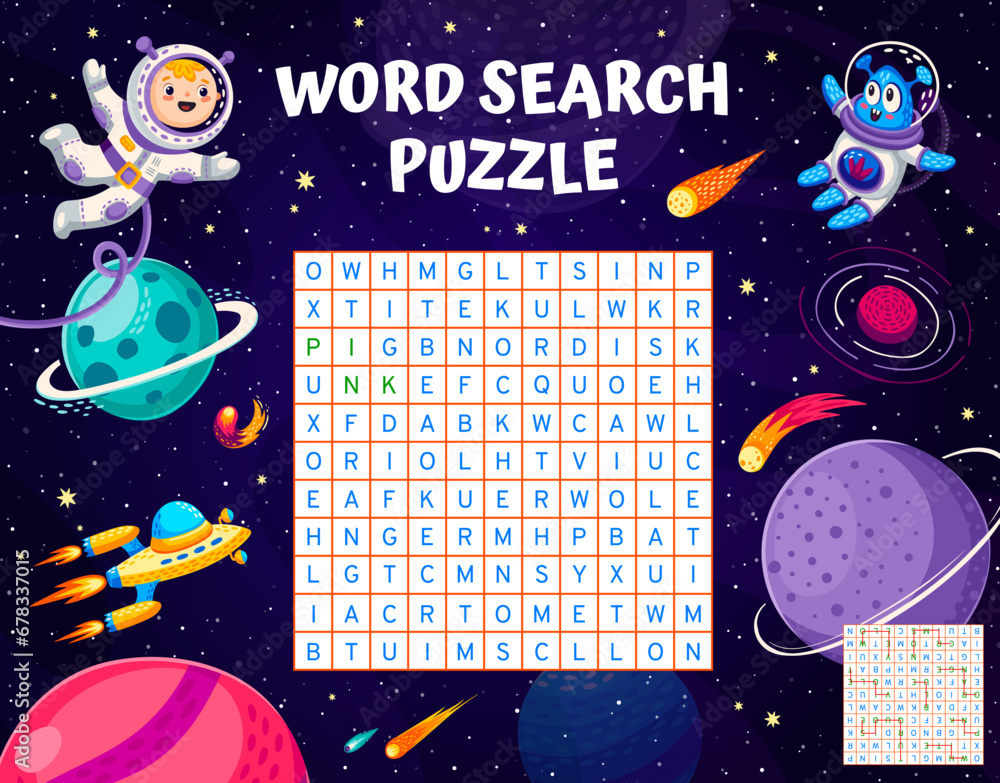 Poster Word search puzzle game with cartoon space characters, planets and spaceships, vector worksheet grid. Kid astronaut spaceman with alien, UFO spaceship and space asteroids in word search puzzle game
