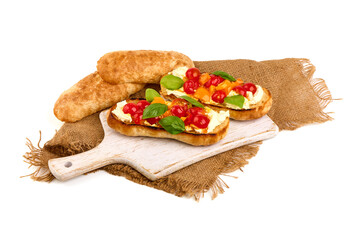 Spanish Tapas and Pinchos with cottage cheese, isolated on white background.