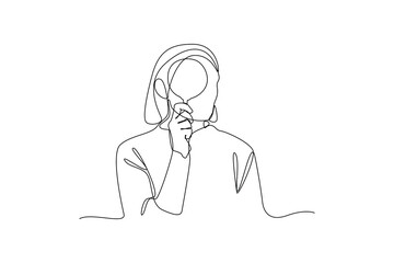 SImple continuous drawing of woman get ready for research. Simple line, minimalist concept of research, simple line, black and white background.