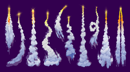 Cartoon rocket smoke trail, missile flight path with fire flame or blast jet, vector plane launch effects. Rocket engine smoke trail or cloud steam of spaceship, spacecraft or ballistic rocket