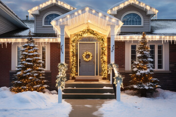 Of a snow covered front porch with christmas decorations.