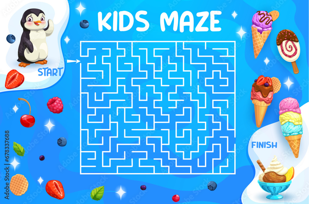 Poster labyrinth maze game, help to cartoon penguin character find tasty ice cream, vector puzzle quiz. kid