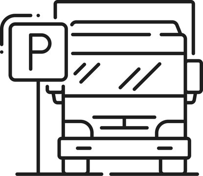 Truck parking line icon, garage service or cars park valet symbol in vector outline. Parking sign for cargo vehicle transport or TIR lorry parking lot, garage zone location pointer outline pictogram