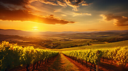 Charming Vineyard Landscape Under a Golden Sunset, Enhanced with Warm and Earthy Tones to Evoke a Romantic and Idyllic Ambiance