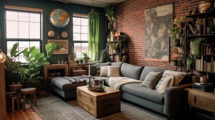 Living room decor, home interior design . Industrial Bohemian style with Gallery Wall decorated...