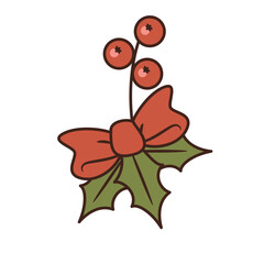 Vector illustration of Christmas bow with Holly berry. Isolated symbol of winter and New Year events